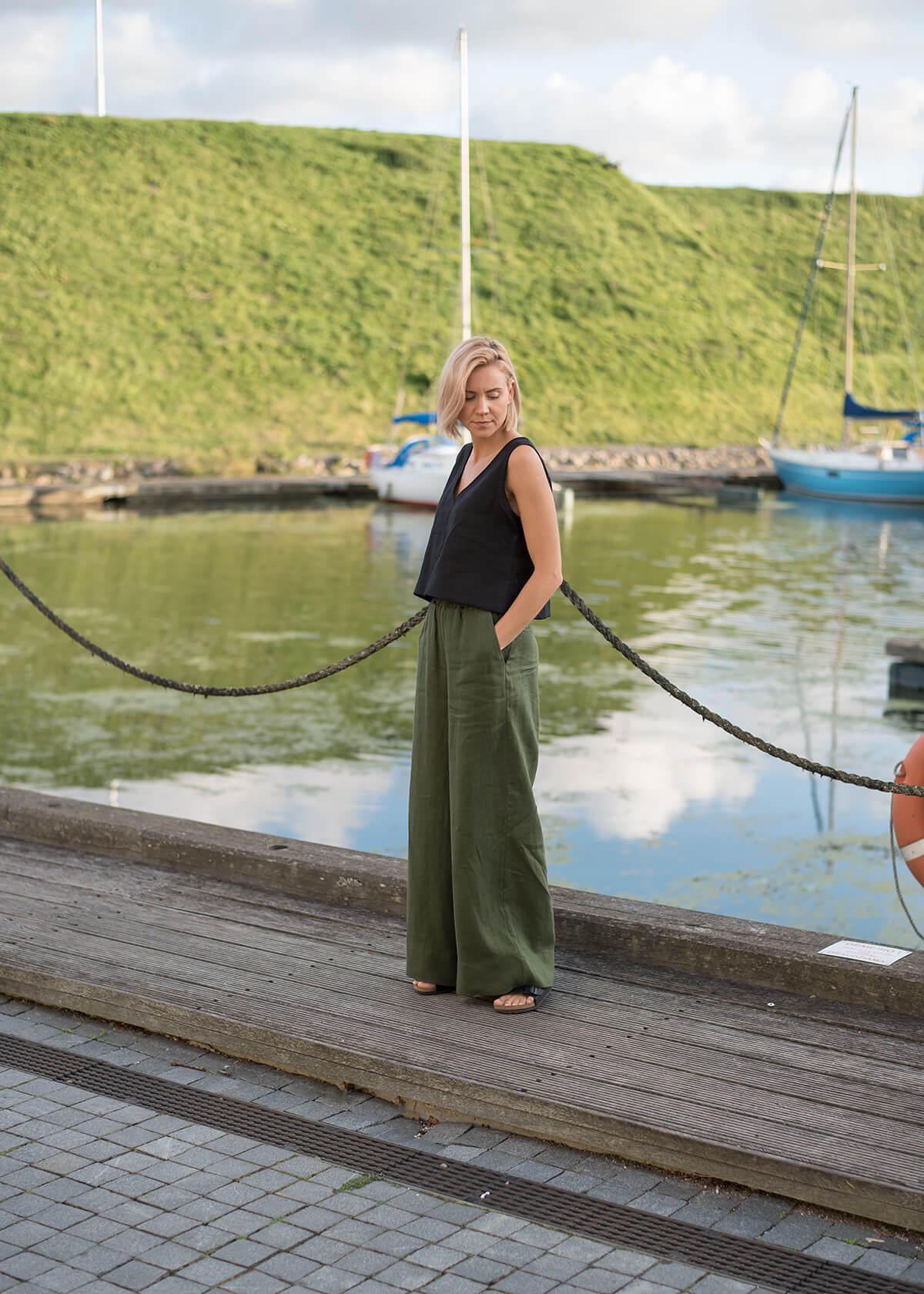 Women's Green High-Waisted Linen Wide-Leg Palazzo Pants with Belt for  Summer Elegance - ALLSEAMS