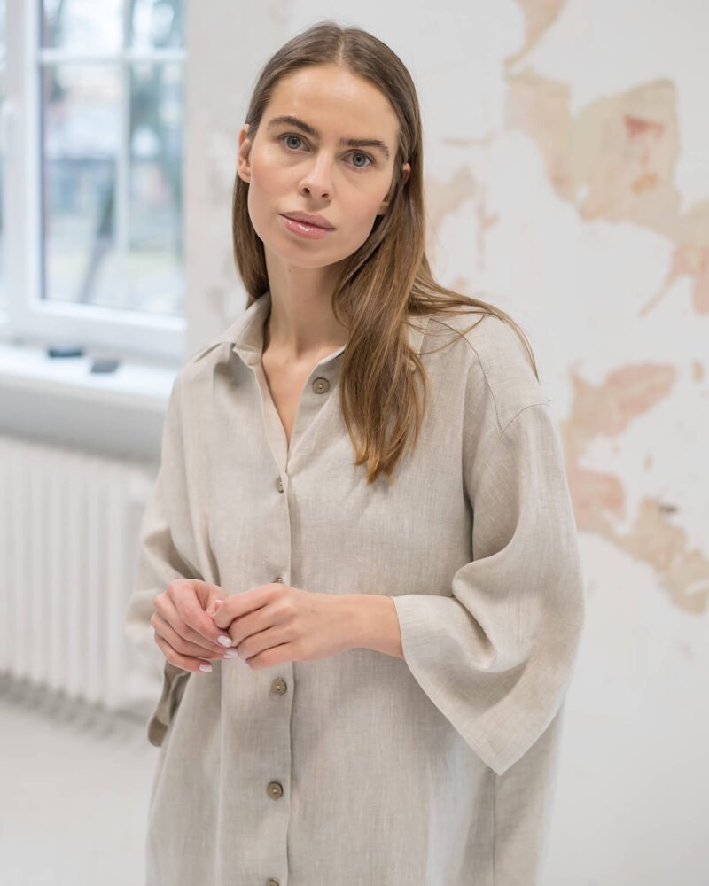 Lightweight Linen shirt dress MARGOT / Natural Wavy Linen